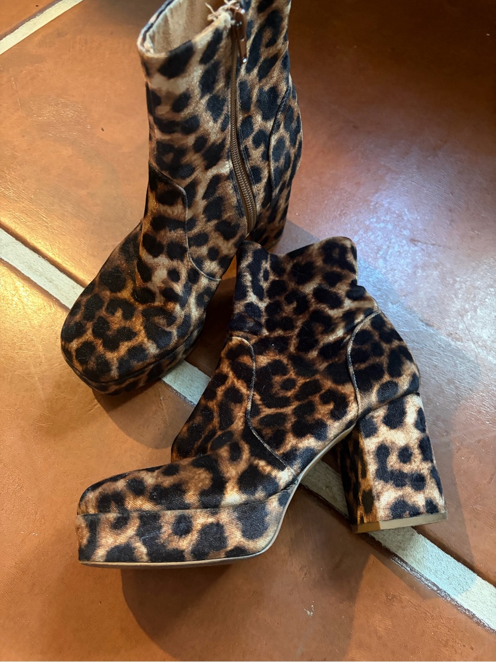UO Leopard Velvet Platform Ankle Boots